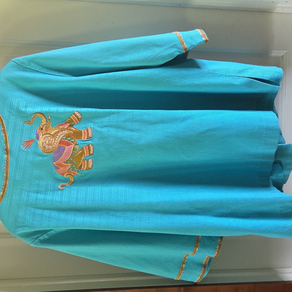 Bob Mackie Turquoise Jacket with Orange Embroidery Elephants - Picture 4 of 5
